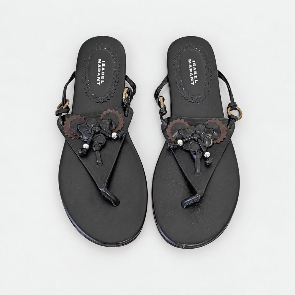 Isabel Marant Elato Floral Embellished Leather Sandals Black EU 39